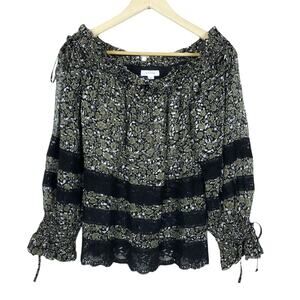 R/R Studio Top XS Black Green Off Shoulder Floral Flower Silk Blouse Shirt